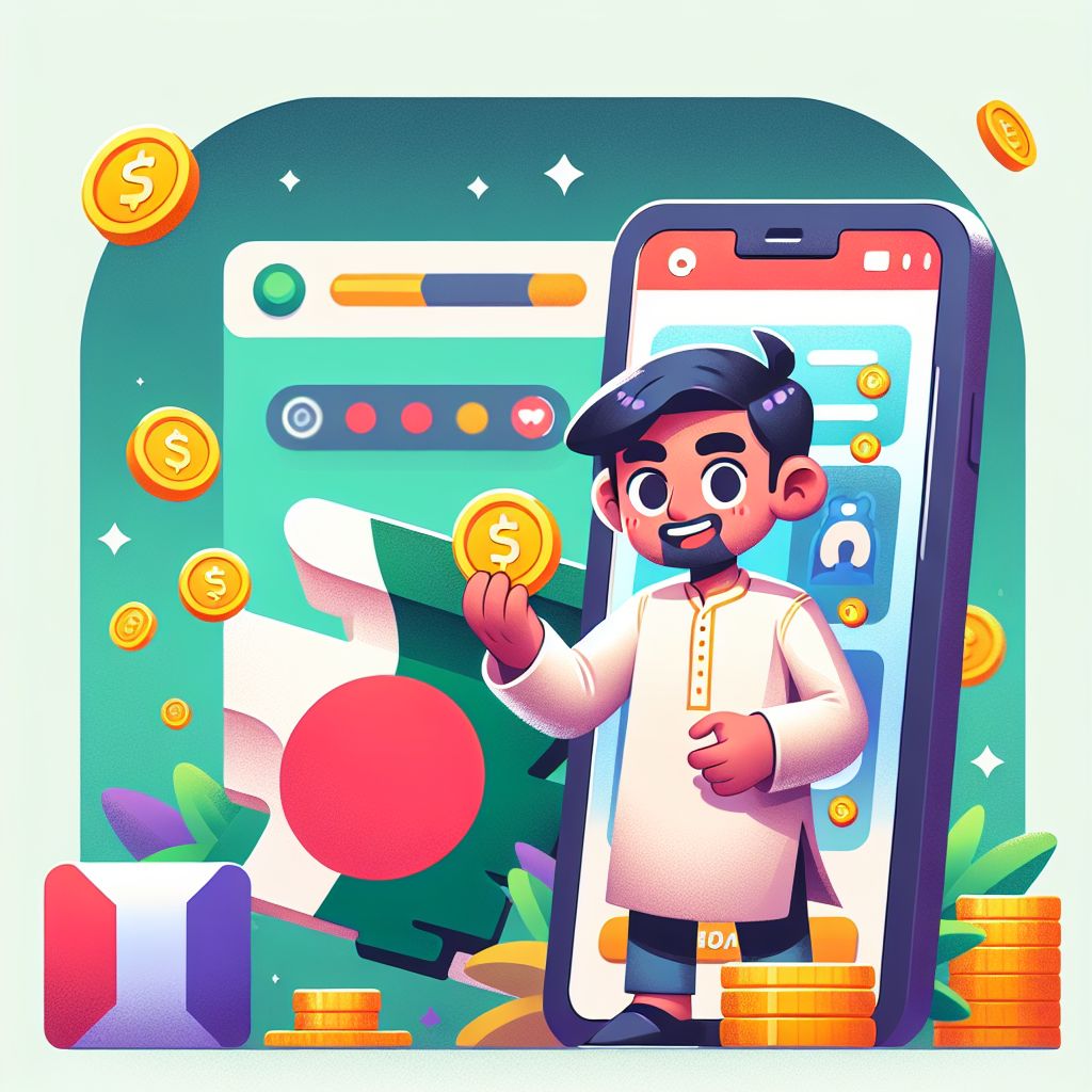 BGD6666 app themed cartoon character holding a phone with game icons and coins