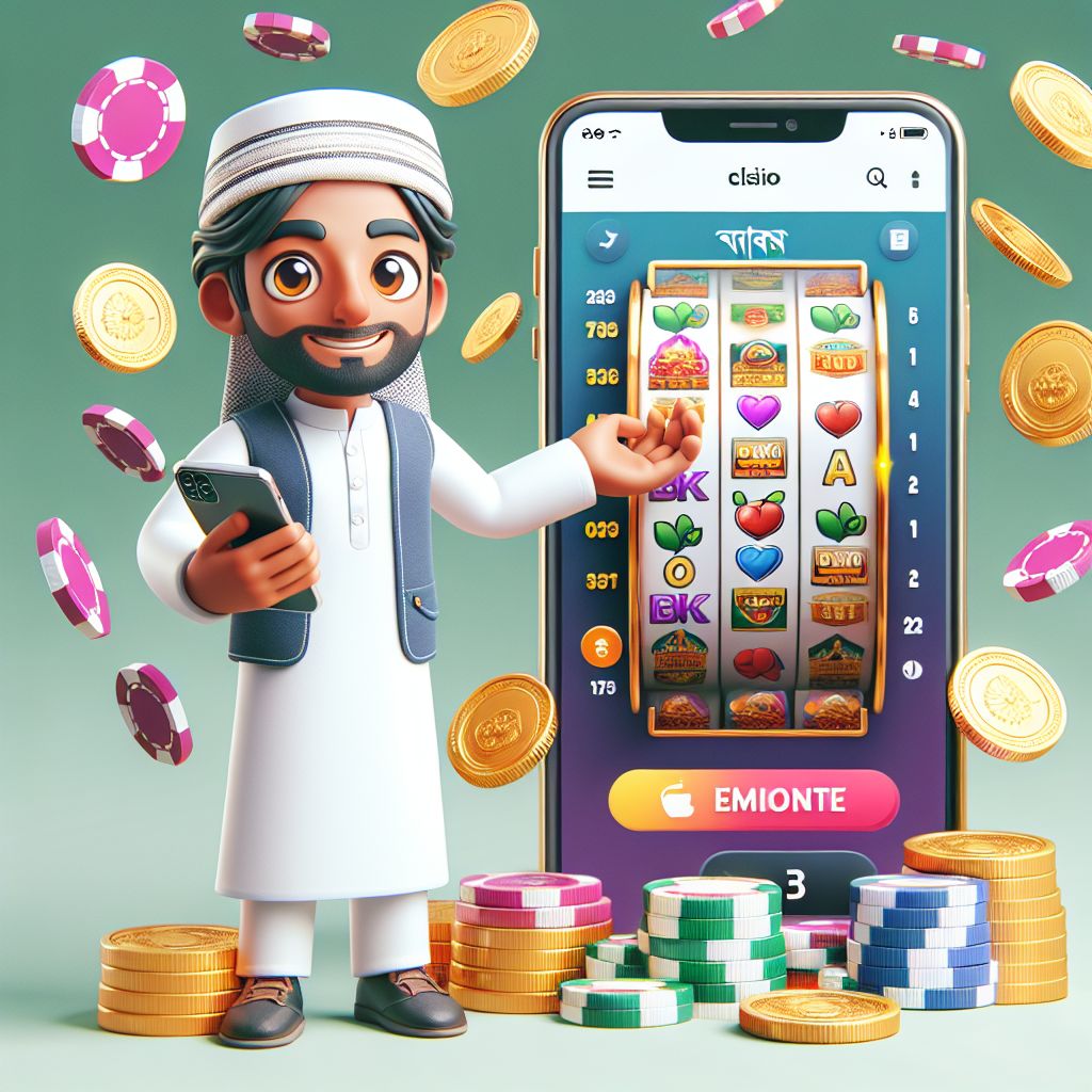 BGD6666 casino cartoon character with slots, chips, and mobile phone