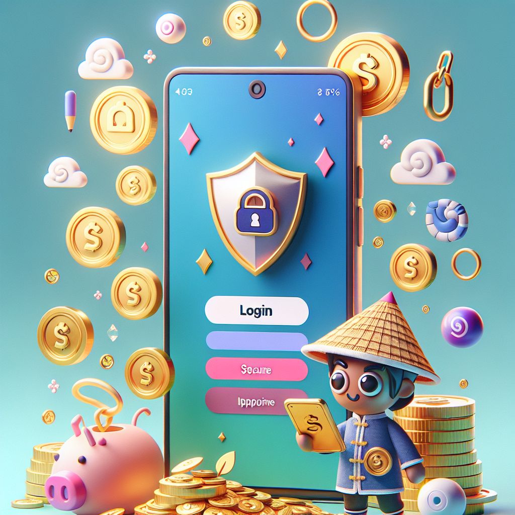 Cartoon character holding a phone with a secure login screen and shield icon